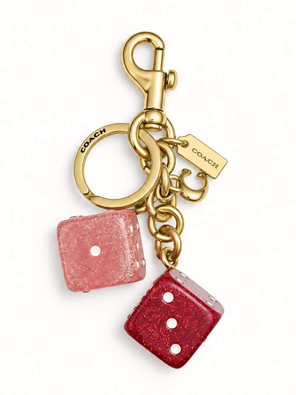 Coach Dice Bag Charm Pink Red Gold Tone Keychain With Pouch New